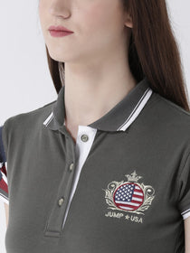 Women Charcoal Solid Polo Collar T-shirt - JUMP USA