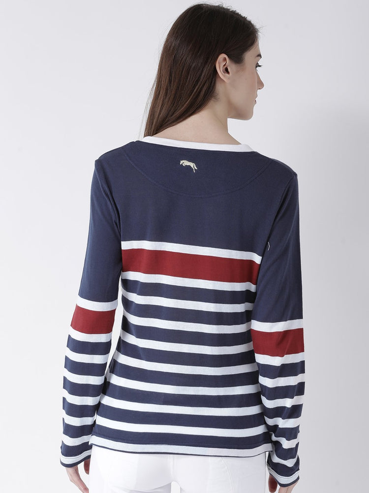 Women Navy Blue Striped Round Neck T-shirt - JUMP USA