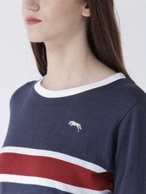 Women Navy Blue Striped Round Neck T-shirt - JUMP USA