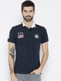 Men Navy Blue Solid Polo Collar T-shirt - JUMP USA