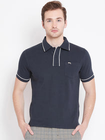 Men Navy Blue Solid Casual Polo T-shirts - JUMP USA