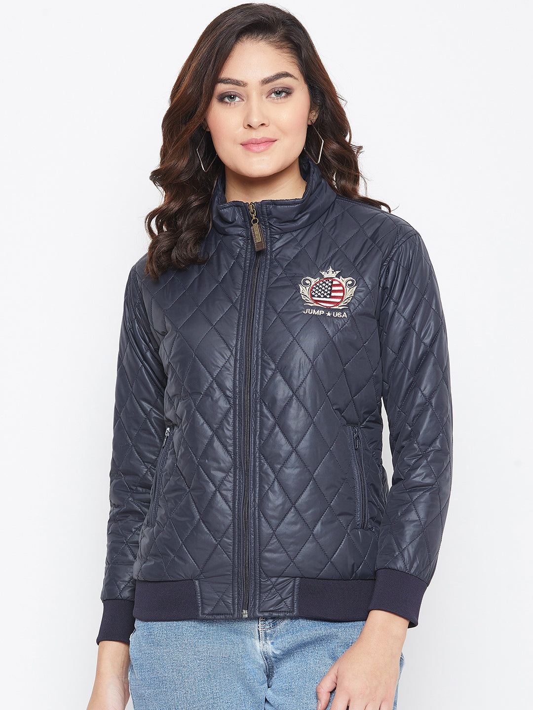 JUMP USA Women Navy Blue Self Design Jacket - JUMP USA