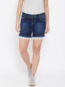 Women Dark Blue Cloud Wash Casual Denim Shorts - JUMP USA