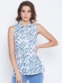 JUMP USA Women White & Blue Printed Casual Shirts - JUMP USA