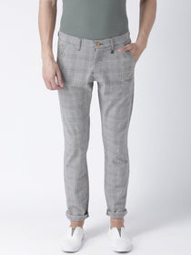 Men Grey Melange Slim Fit Checked Chinos - JUMP USA