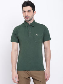 Men Casual Solid Green Polo Collar T-Shirt - JUMP USA