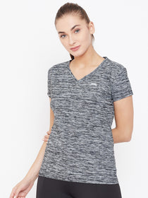 Women Black Solid Active Wear V Neck T-shirt - JUMP USA