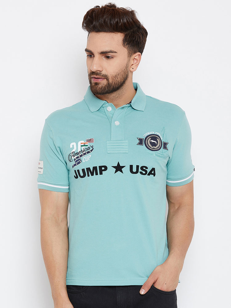JUMP USA Men Blue Printed Polo Collar T-Shirt - JUMP USA