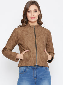 JUMP USA Women Tan Solid Casual Leather Jacket - JUMP USA