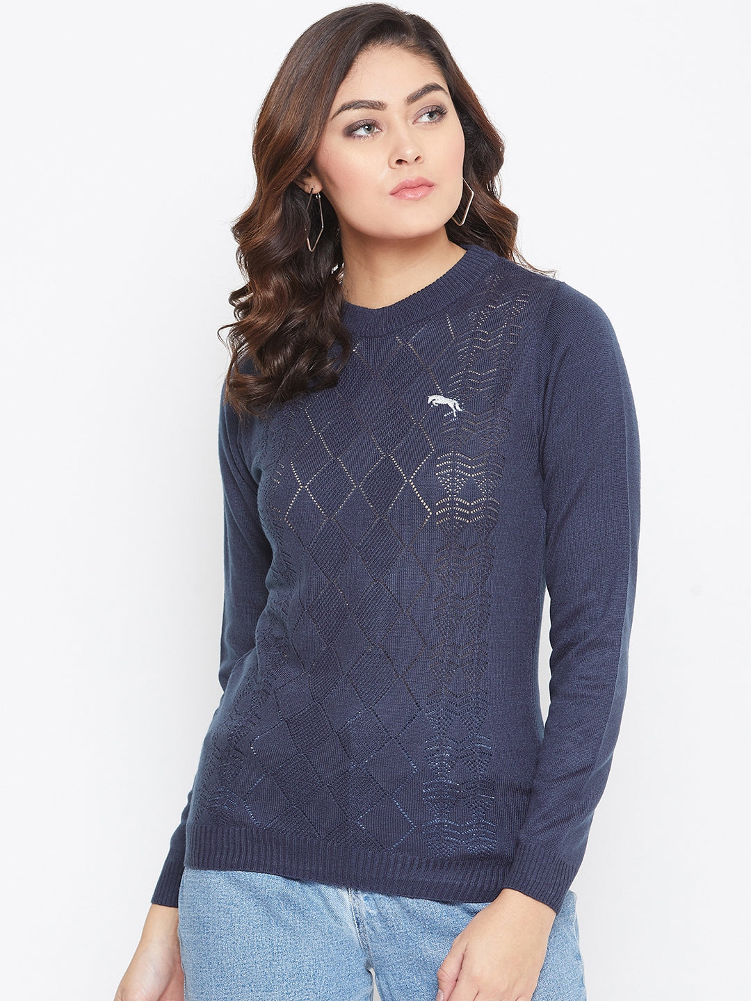 JUMP USA Women Navy Blue Self Design Sweater - JUMP USA