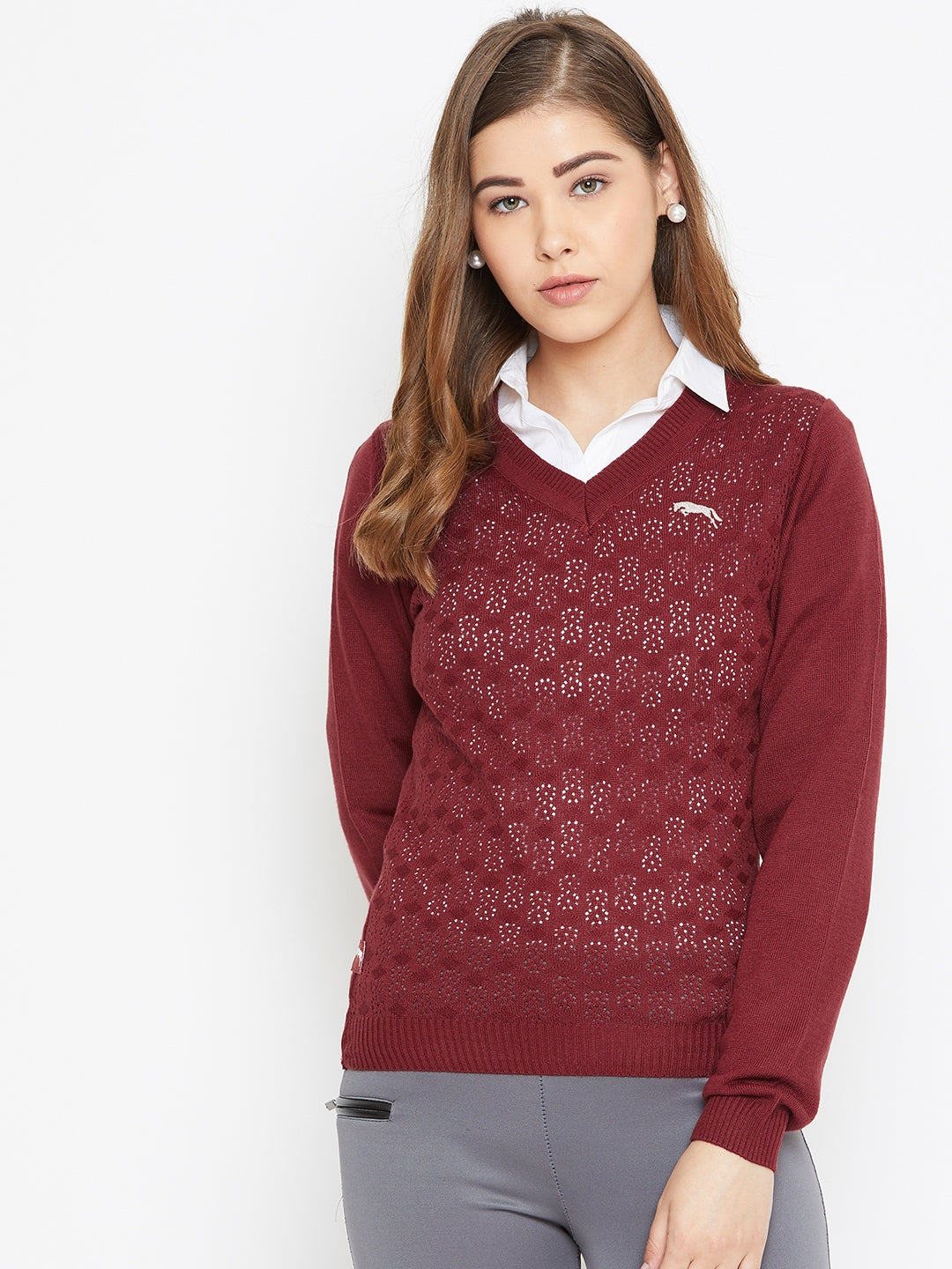 JUMP USA Women Red Self Design Sweater - JUMP USA