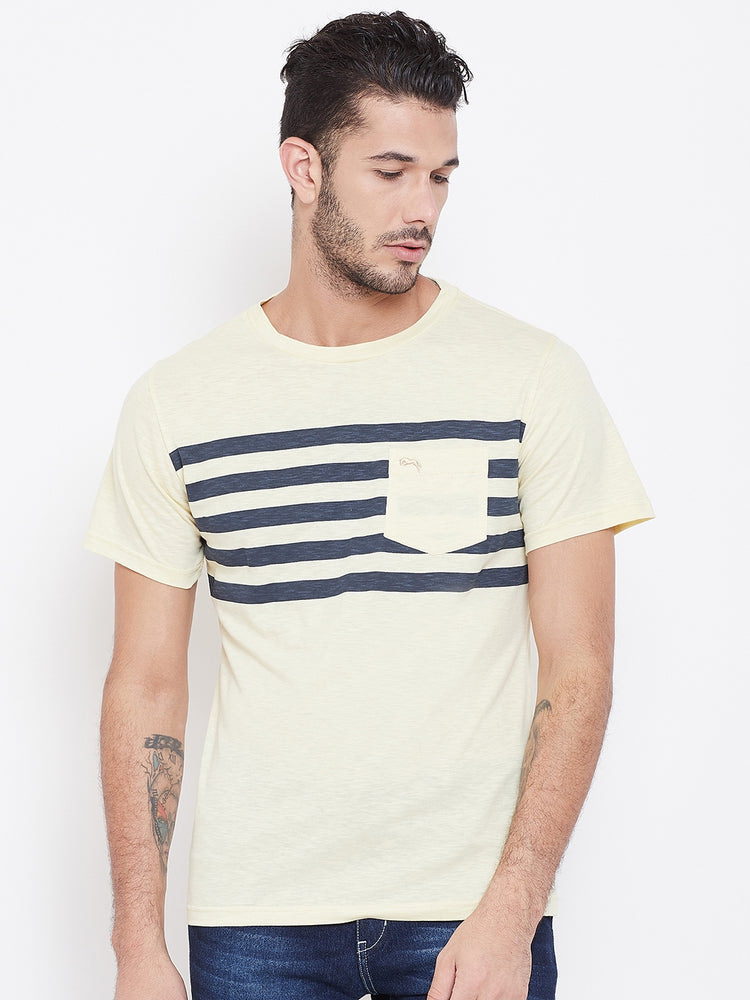 Men Beige Striped Round Neck T-shirt - JUMP USA
