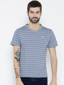 Men Blue Striped V-Neck T-shirt - JUMP USA