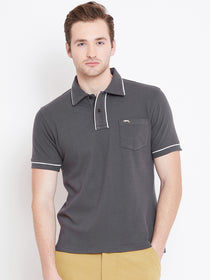 Men Charcoal Solid Casual Polo T-shirts - JUMP USA