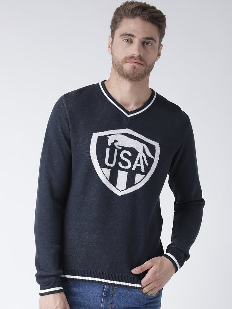 Men Navy Blue Solid Sweater - JUMP USA