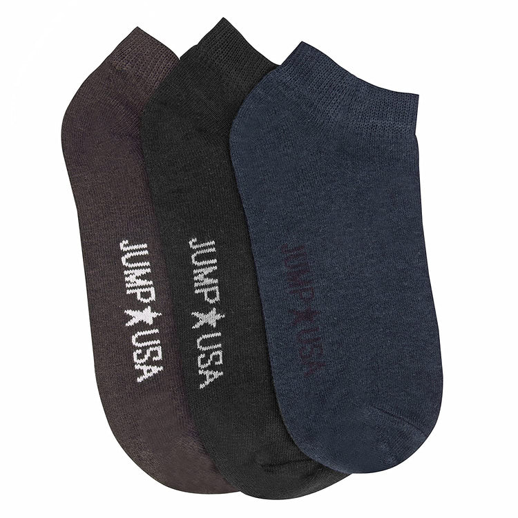 JUMP USA Men's Pack of 3 Ankle Length socks | Men's Casual Socks for Everyday Wear - Sweat Proof, Quick Dry, Padded for Extra Comfort | Black/Charcoal/Navy Blue