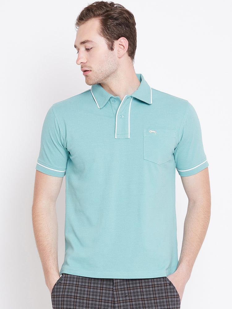 Men Blue Solid Casual Polo T-shirts - JUMP USA