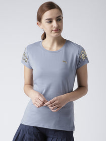 Women Solid Blue T-Shirt - JUMP USA