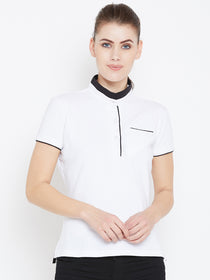 Women White Solid Casual Polo T-shirts - JUMP USA