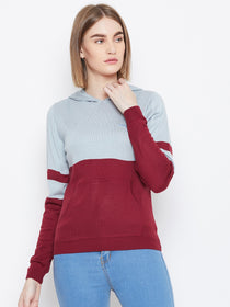JUMP USA Women Blue & Red Colourblocked Hooded Sweater - JUMP USA