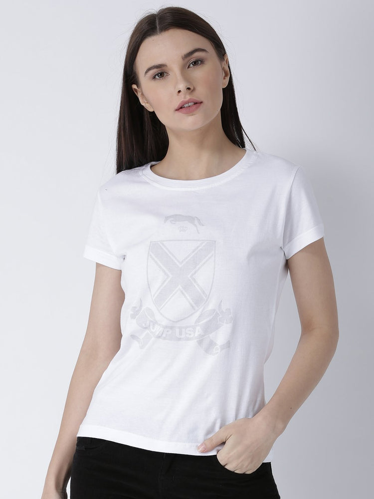 Women White Solid Round Neck T-shirt - JUMP USA