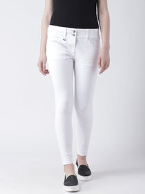 Women White Slim Fit Solid Casual Trousers - JUMP USA