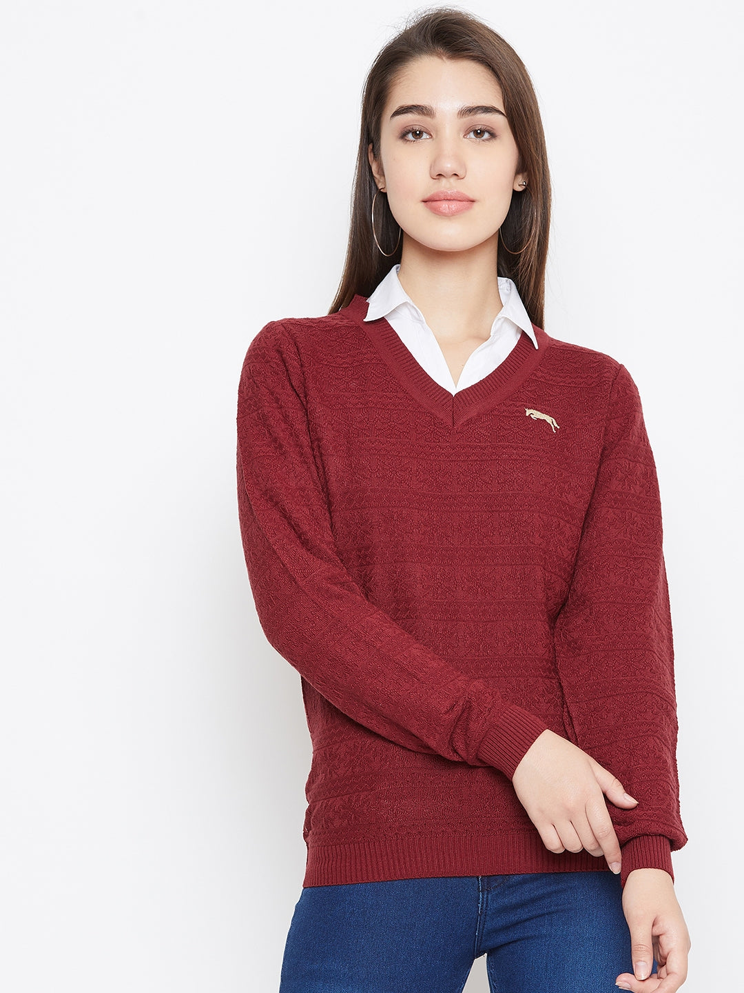 JUMP USA Women Red Self Design Sweater - JUMP USA