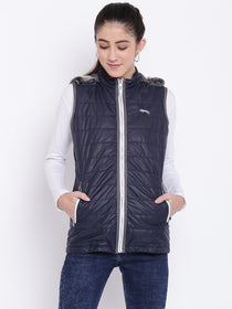 Women Navy Blue Casual Quilted Jacket - JUMP USA