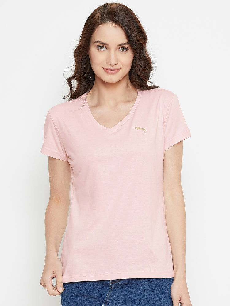 Women Pink Solid Casual V Neck T-shirt - JUMP USA