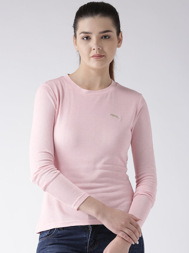 Women Pink Solid Round Neck T-shirt - JUMP USA