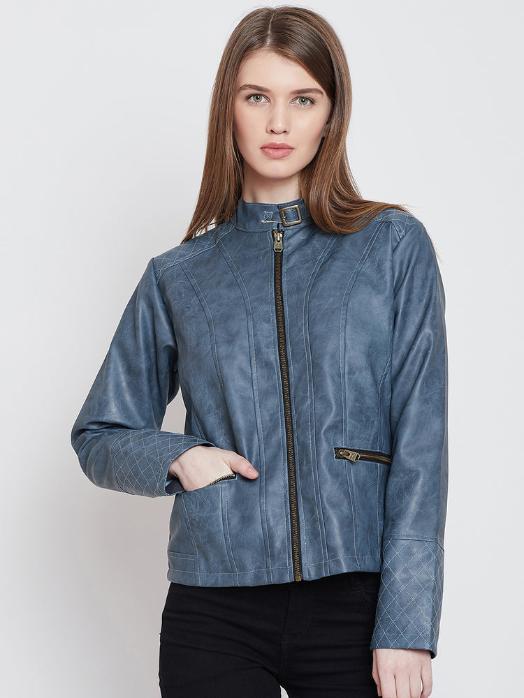 Women Casual Blue Leather Jacket - JUMP USA
