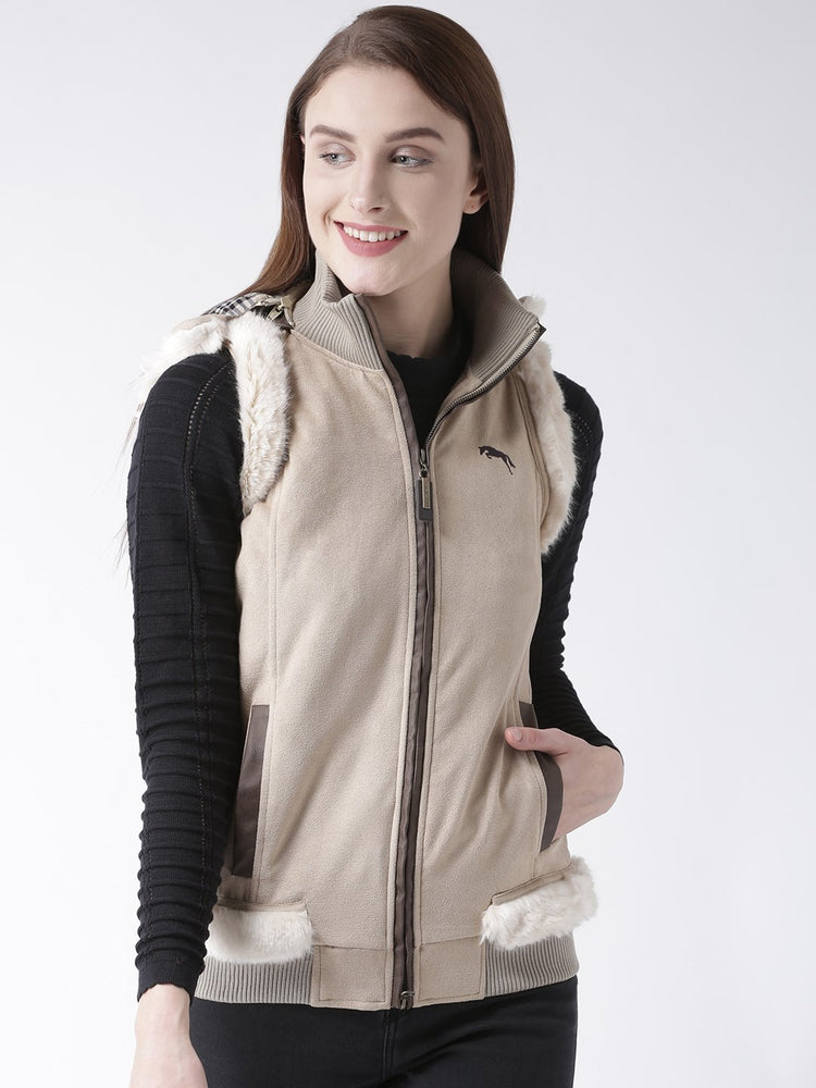 Women Polyster Casual Sleeveless  Beige Winter Jacket - JUMP USA (1568776421418)