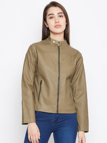 JUMP USA Women Khaki Solid Biker Jacket - JUMP USA