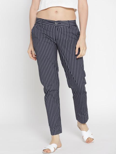 Women Striped Navy Blue Trousers - JUMP USA