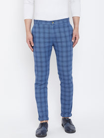 JUMP USA Men Blue Check Slim Fit Cotton Casual Trousers - JUMP USA
