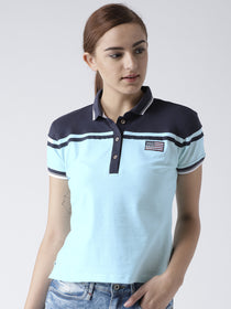 Women Blue Casual Polo Collar T-Shirt - JUMP USA