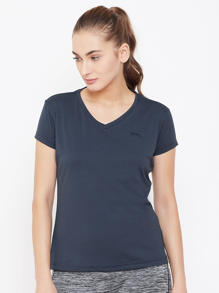 Women Navy Blue Active Wear V-neck T-shirt - JUMP USA