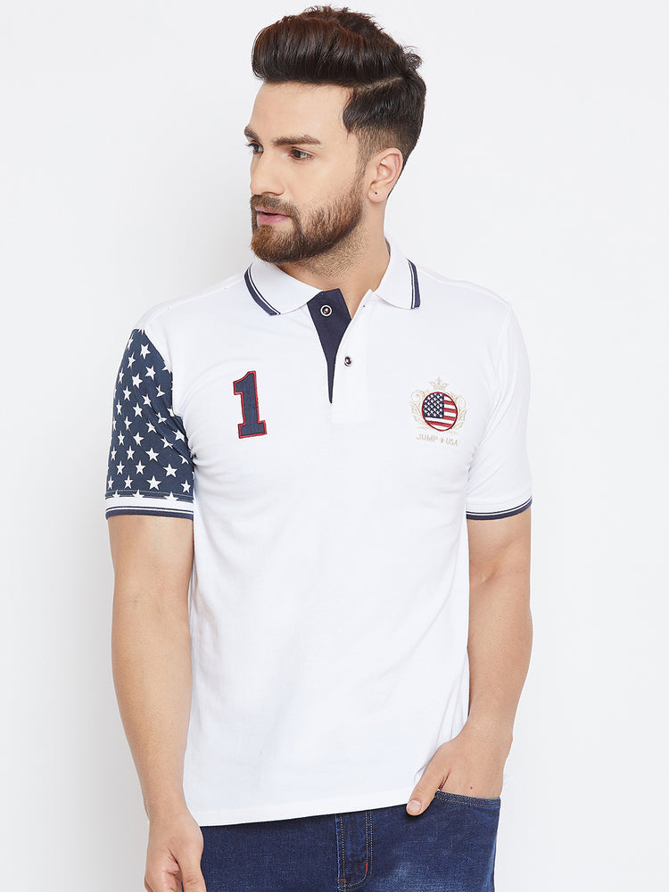 Men White Casual Polo Collar T-shirt - JUMP USA