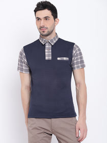Men Casual Solid Navy Blue Polo Collar T-Shirt - JUMP USA