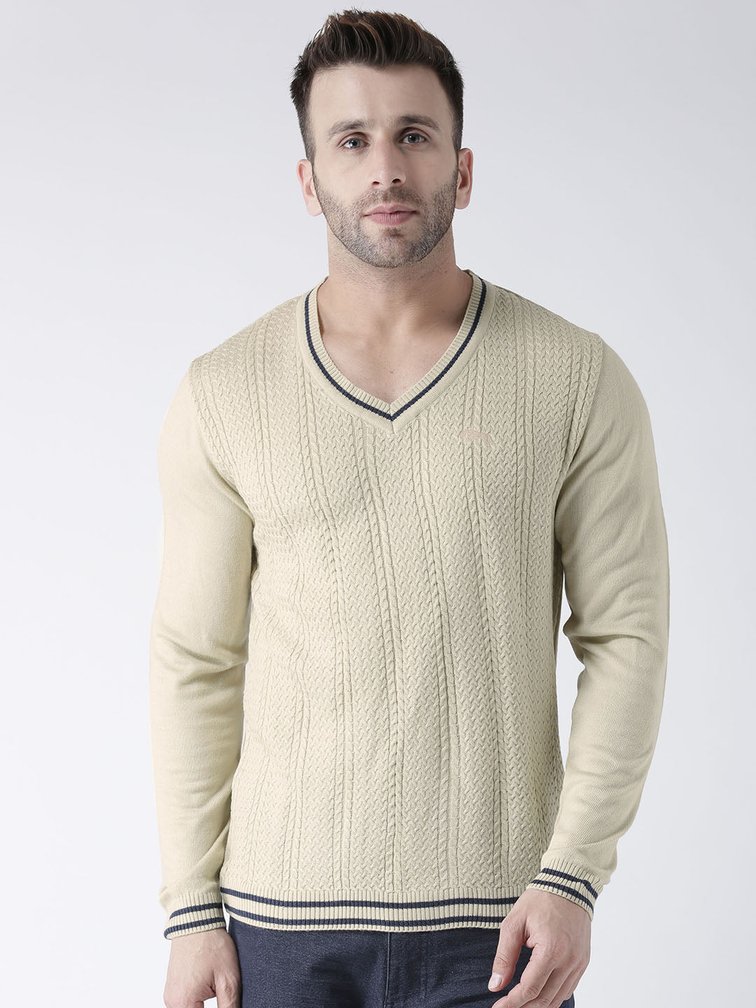 Men Beige self Design Pullover - JUMP USA