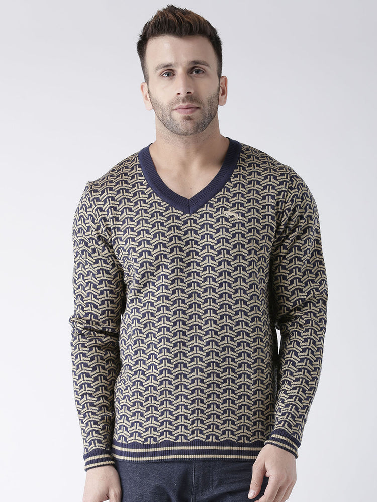 Men Navy Blue and Beige Colourblocked Pullover - JUMP USA