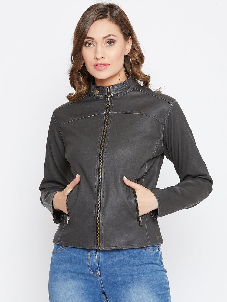JUMP USA Women Black Solid Casual Leather Jacket - JUMP USA