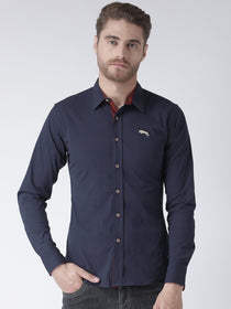 Men Navy Blue Solid Cotton Regular Fit Shirt - JUMP USA