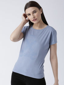 Women Blue Solid Round Neck T-shirt - JUMP USA