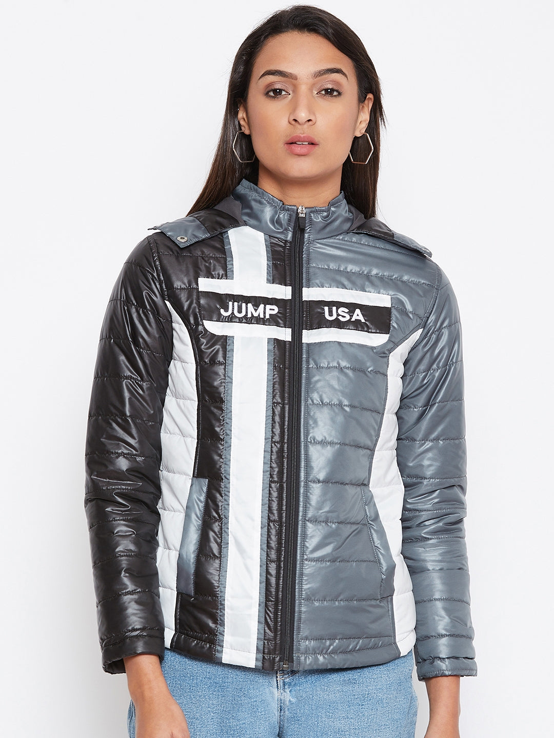 JUMP USA Women Grey Colourblocked Bomber Jacket - JUMP USA