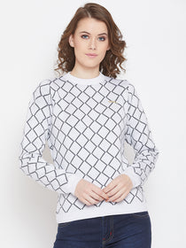 JUMP USA Women White & Navy Blue Acrylic Checked Sweater - JUMP USA