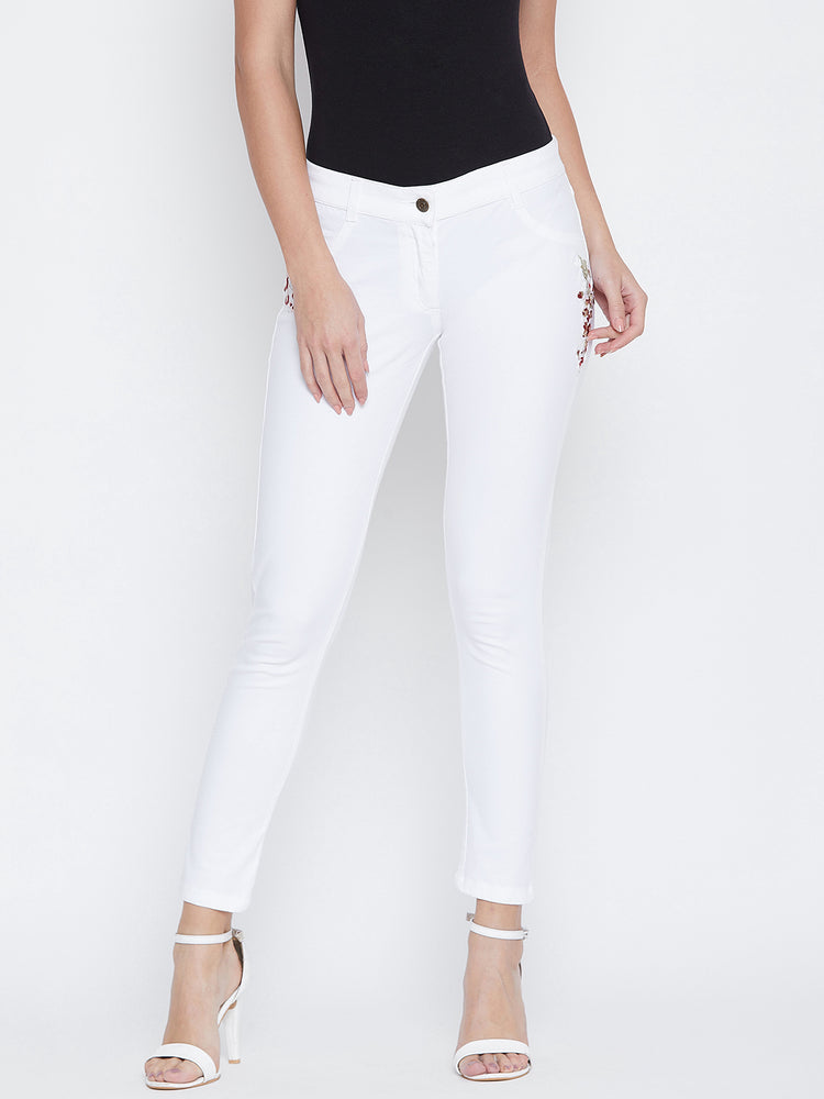 JUMP USA Women White Embroidered Skinny Fit Trousers - JUMP USA