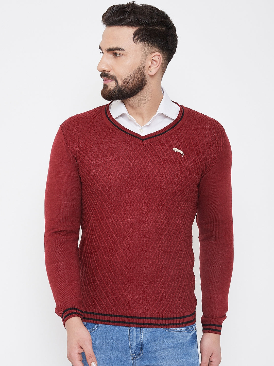 JUMP USA Men Red Self Design Sweater - JUMP USA