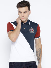 Men White and Navy Blue Solid Polo Collar T-shirt - JUMP USA