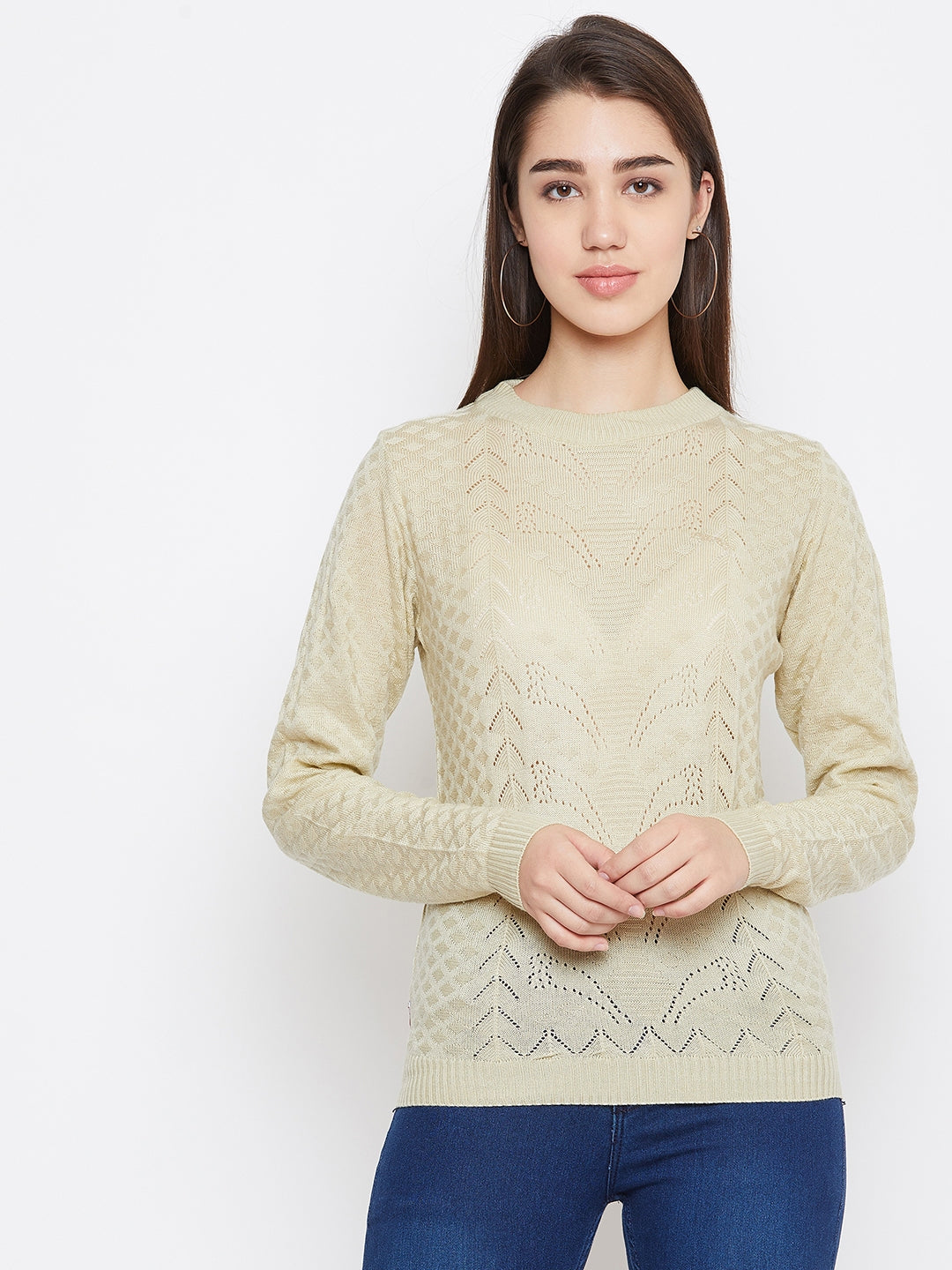 JUMP USA Women Cream Self Design Sweater - JUMP USA